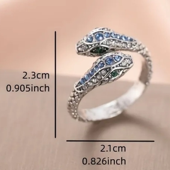NEW Silver 925 Aquamarine Emerald Stone Snake Open Ring - Picture 3 of 4